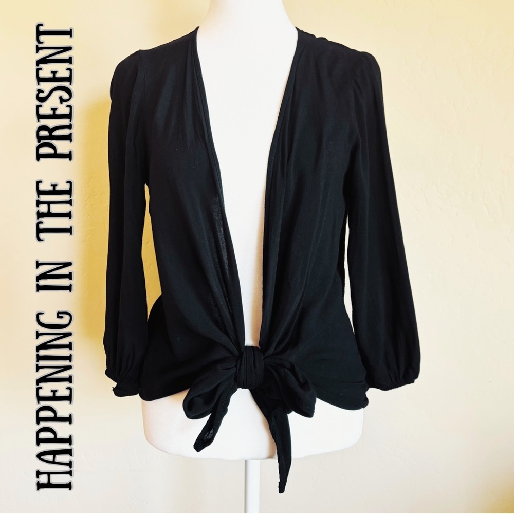 Black Tie-Front Light-weight Layering Cotton Cardigan with Open Back
